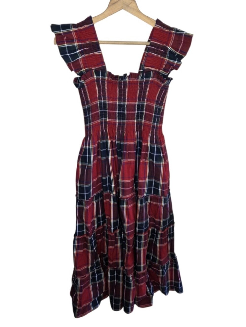 Hill House Ellie Red Plaid Nap Dress Ruffle Shoulders Smocked Bodice Festive